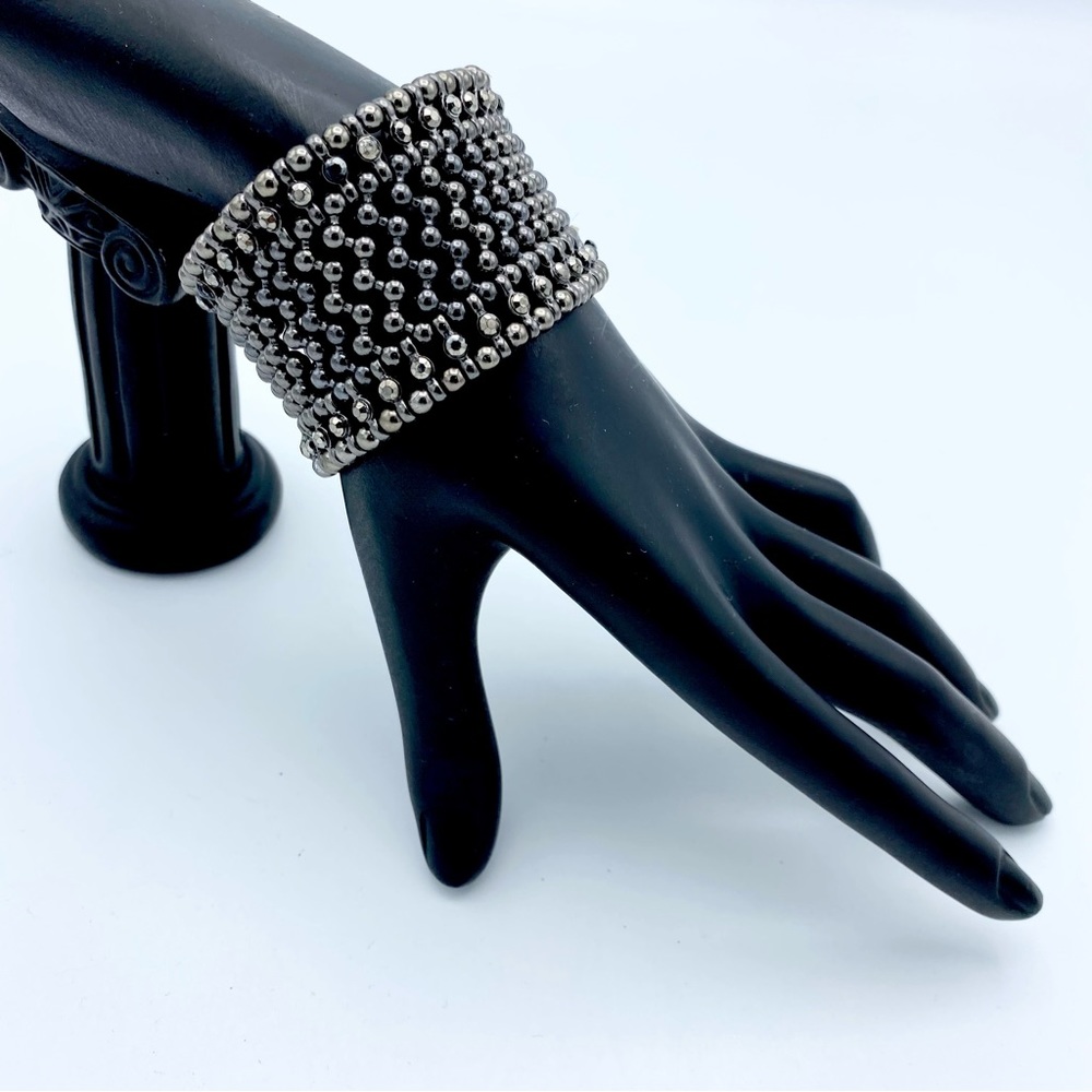 Gunmetal Tone Bead Weave Pattern Stretch Bracelet